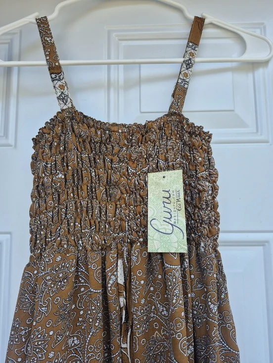 Brown Paisley Hippie Boho Bohemian Recycled Sari Silk Patchwork Midi Dress Small - Picture 2 of 8